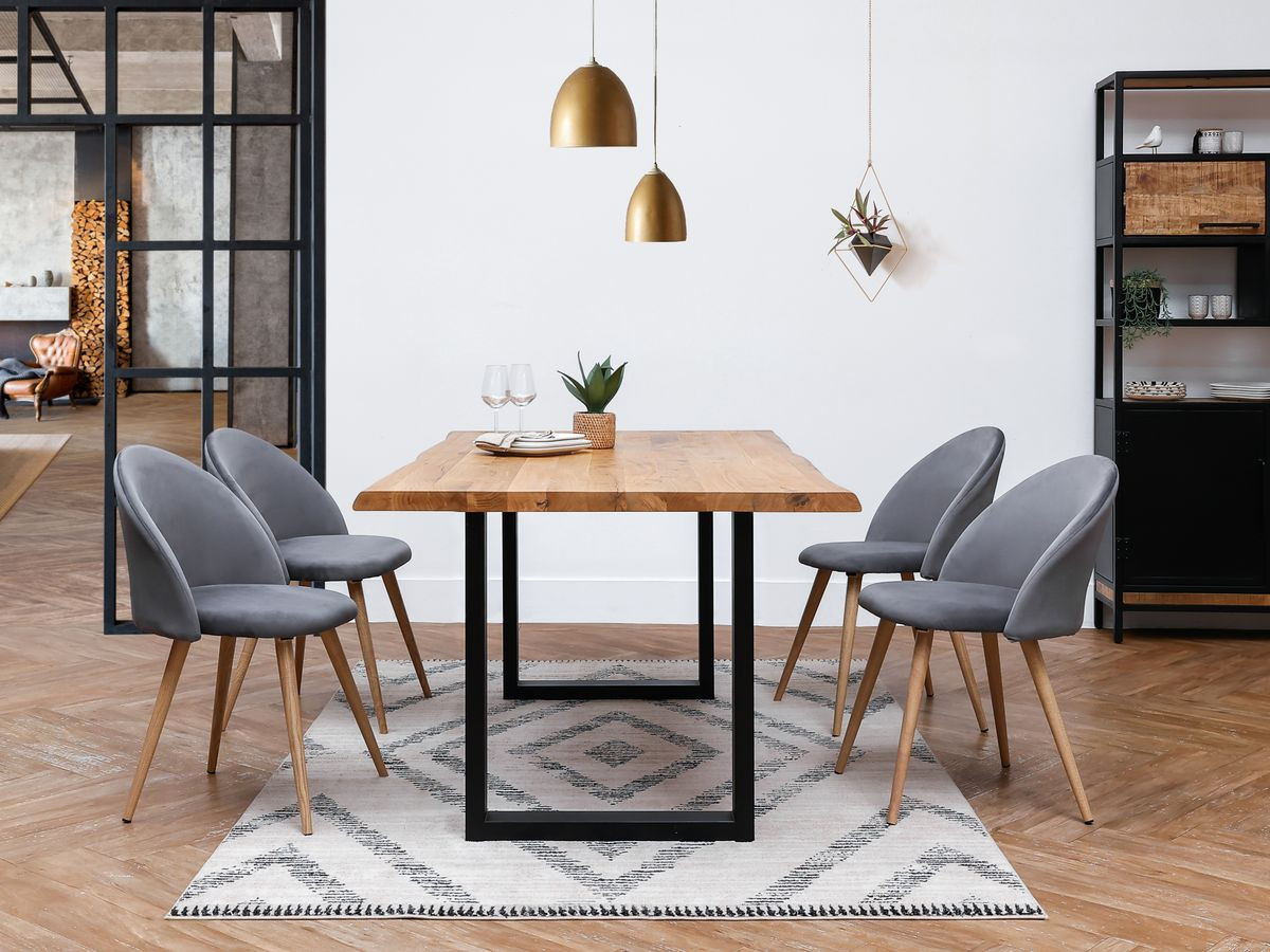 AWANI set met uitschuifbare eettafel met vierkante poten van massief eikenhout + stoelen van corduroy