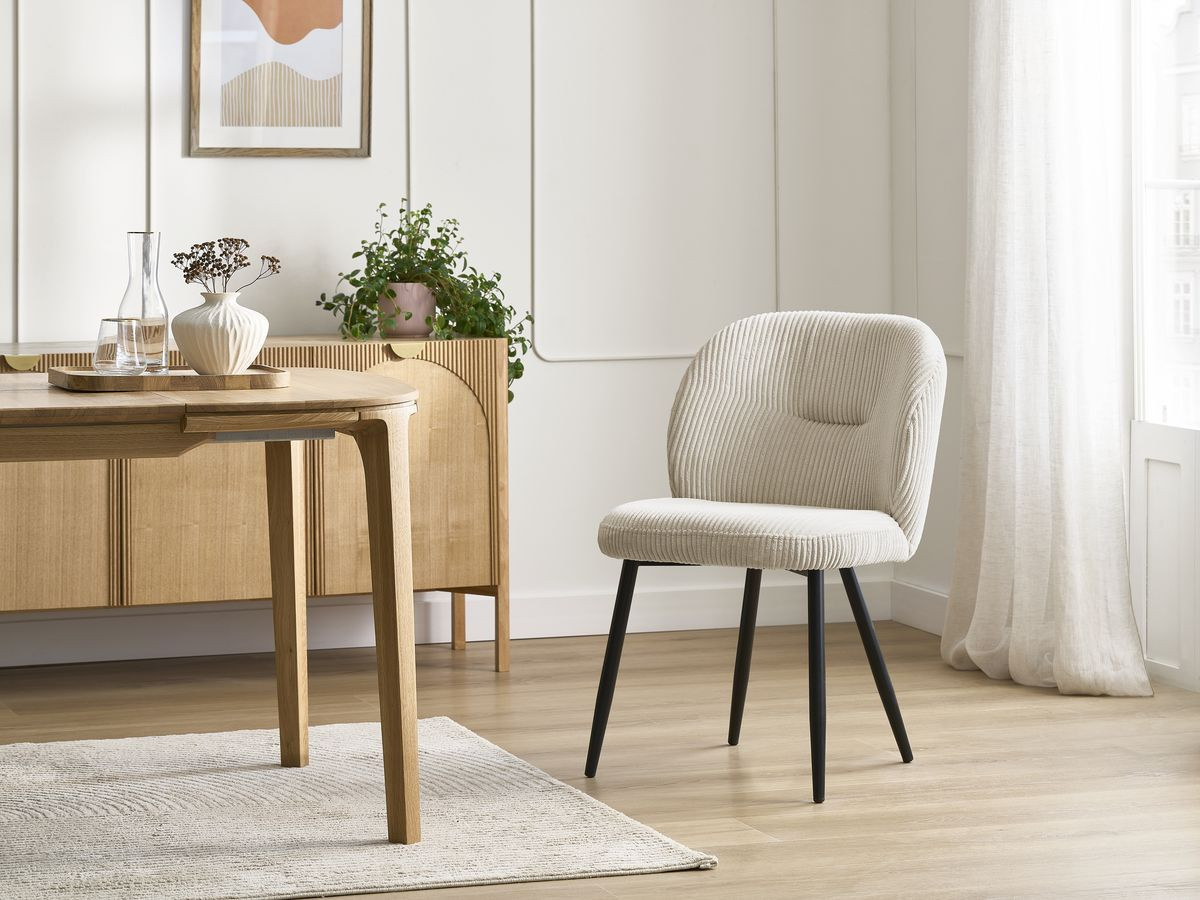 Ensemble AWANI avec table à manger extensible pieds croix chêne massif + chaises velours côtelé