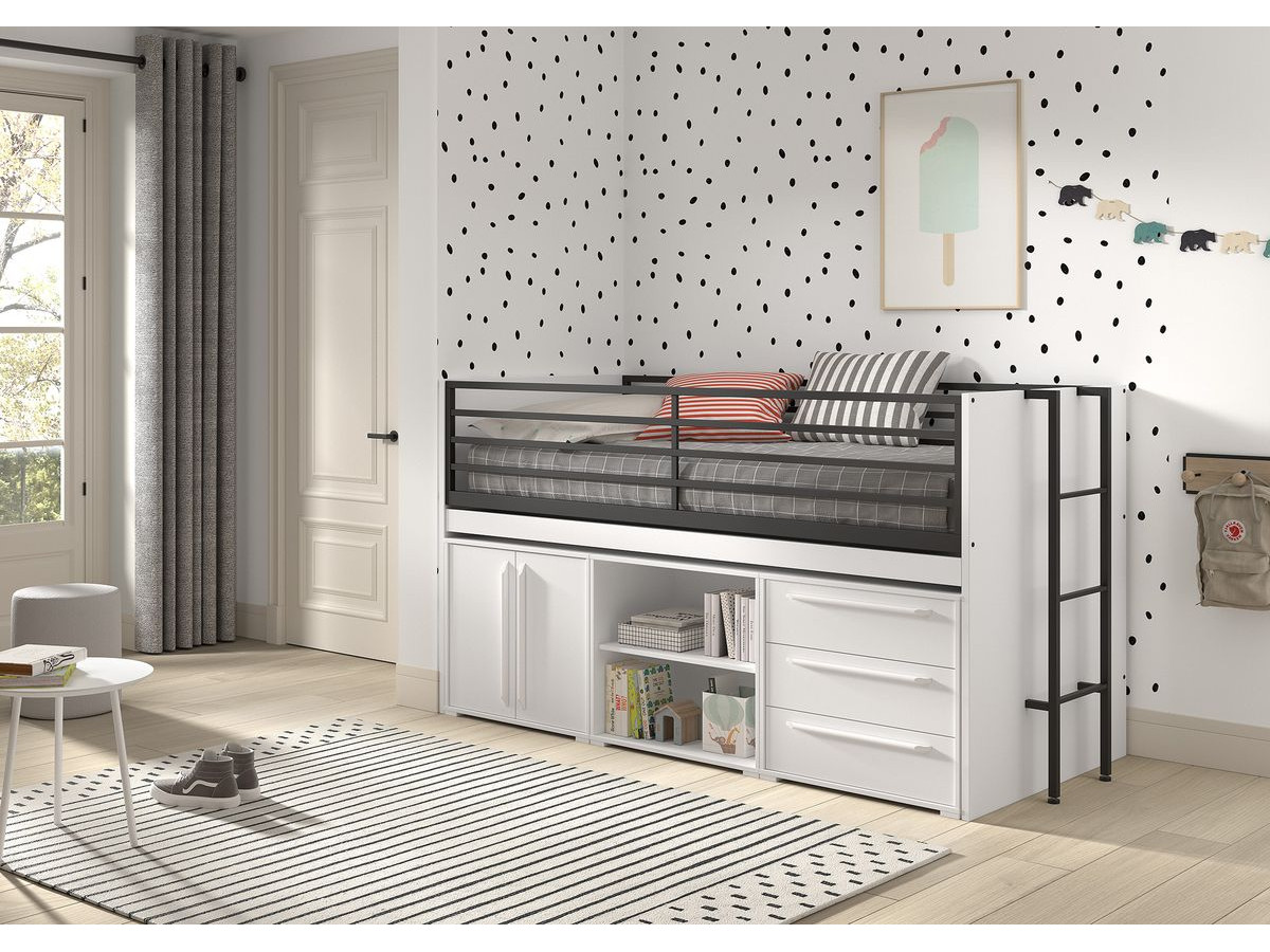 Lit mi-hauteur SAMIRA avec étagère et commodes intégrées