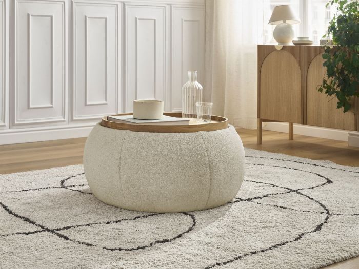 Pouf rond avec plateau HAYDEN tissu bouclette