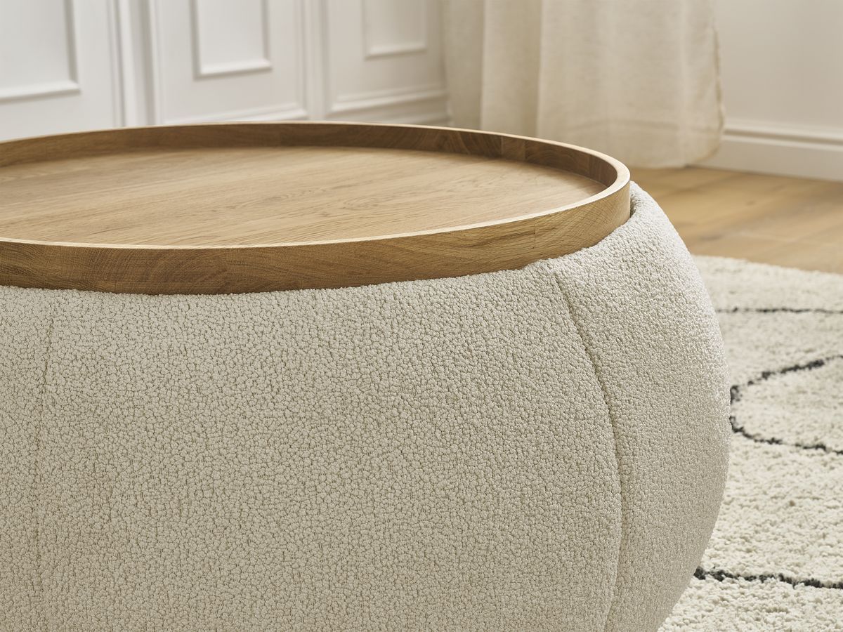 Pouf rond avec plateau HAYDEN tissu bouclette