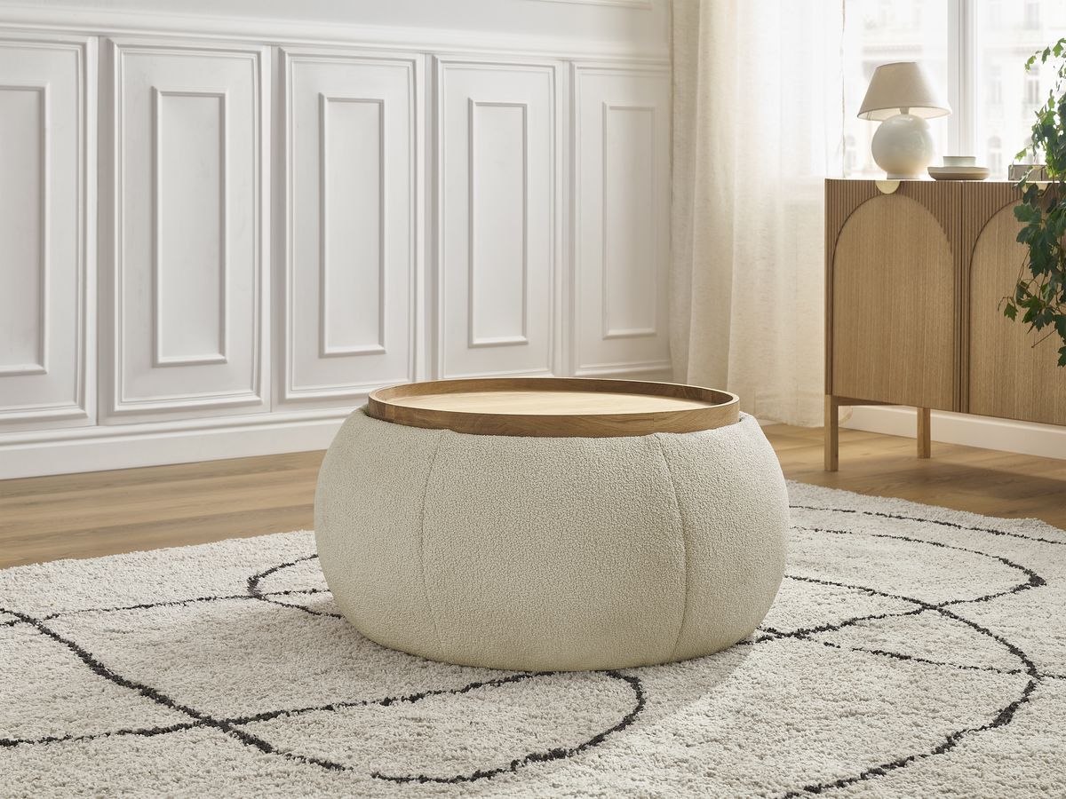 Pouf rond avec plateau HAYDEN tissu bouclette