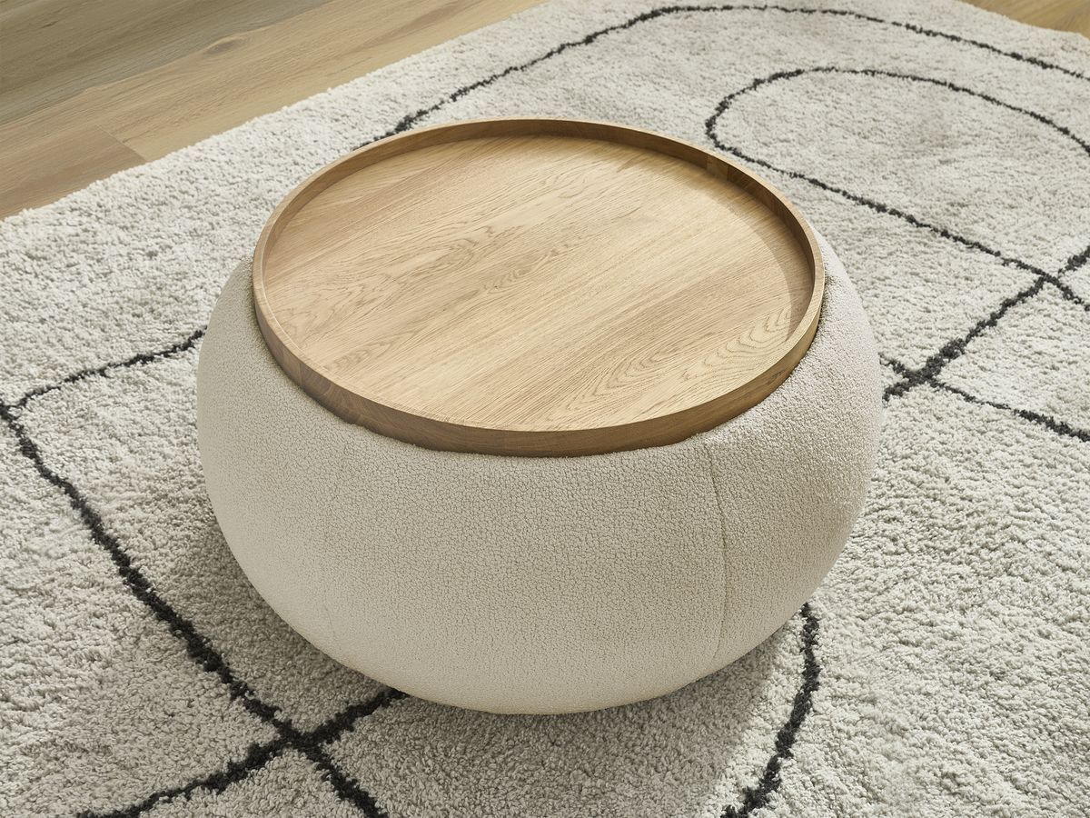 Pouf rond avec plateau HAYDEN tissu bouclette