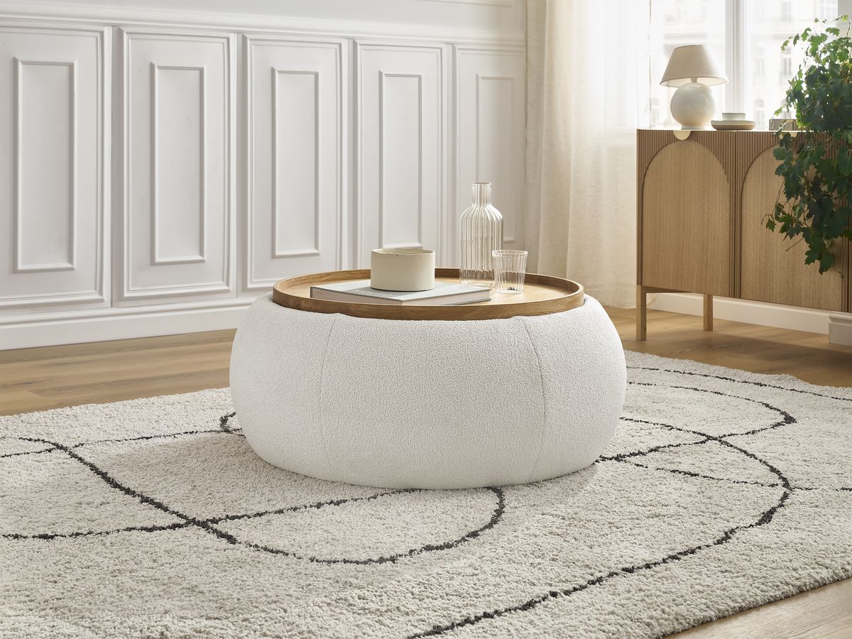 Pouf rond avec plateau HAYDEN tissu bouclette