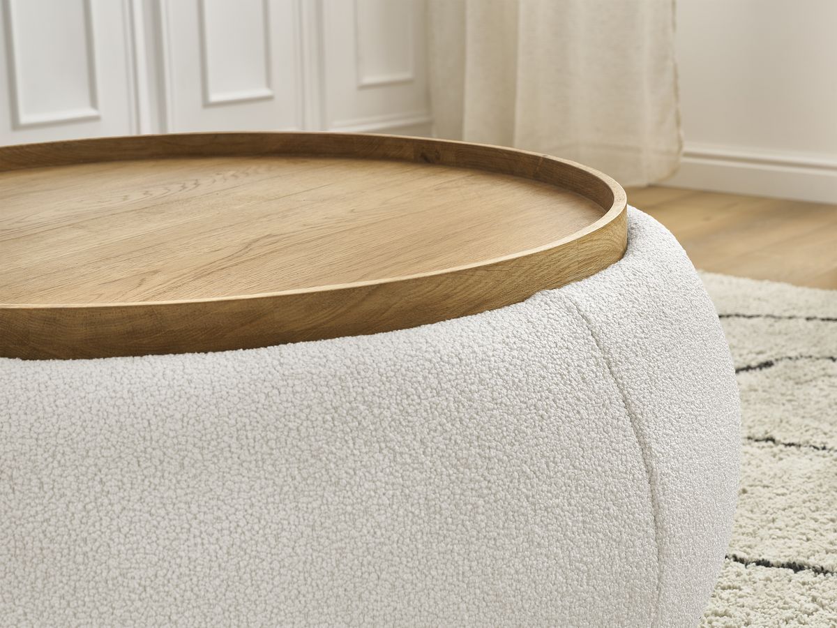 Pouf rond avec plateau HAYDEN tissu bouclette