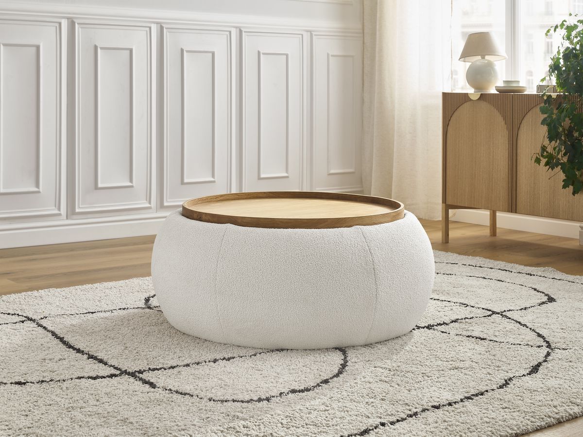Pouf rond avec plateau HAYDEN tissu bouclette