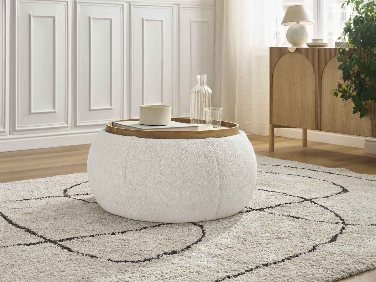 Pouf rond avec plateau HAYDEN tissu bouclette