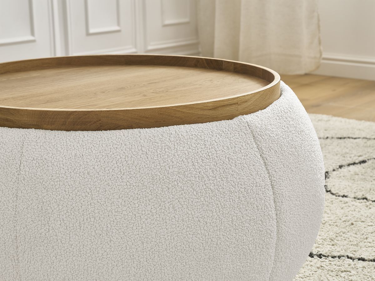 Pouf rond avec plateau HAYDEN tissu bouclette