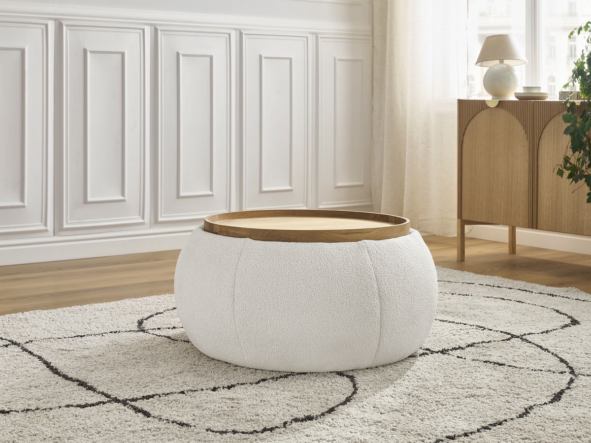 Pouf rond avec plateau HAYDEN tissu bouclette