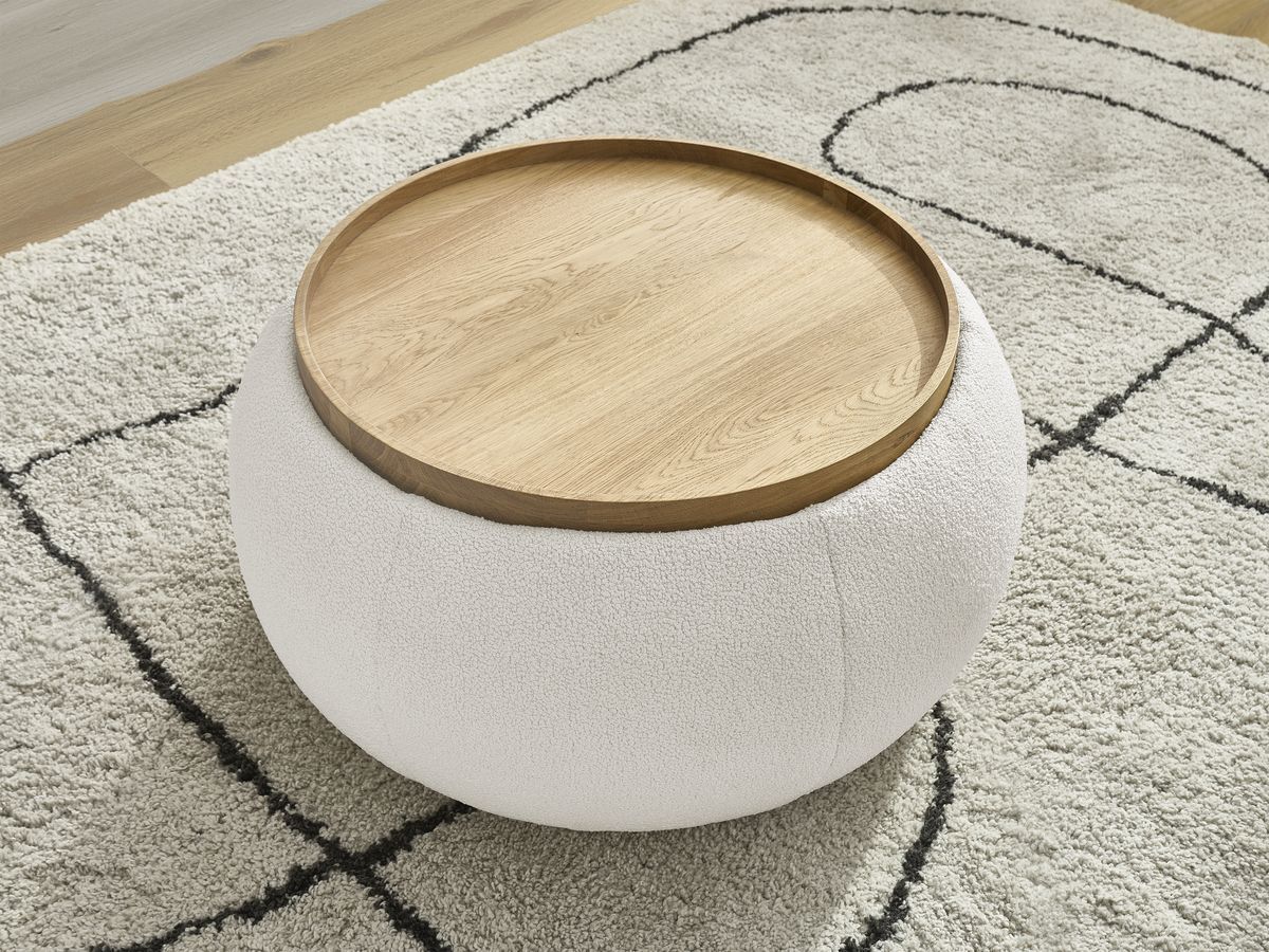 Pouf rond avec plateau HAYDEN tissu bouclette