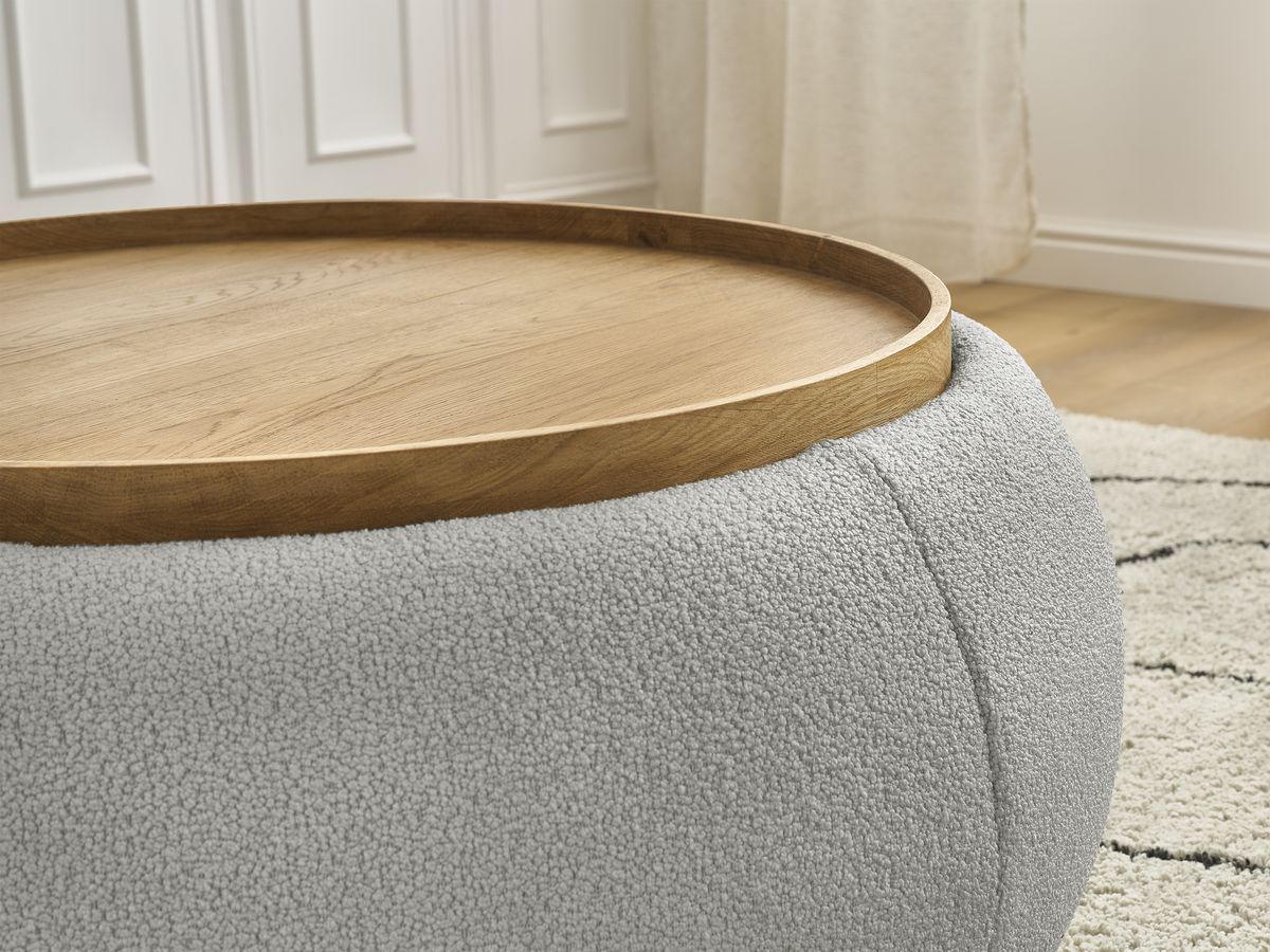 Pouf rond avec plateau HAYDEN tissu bouclette