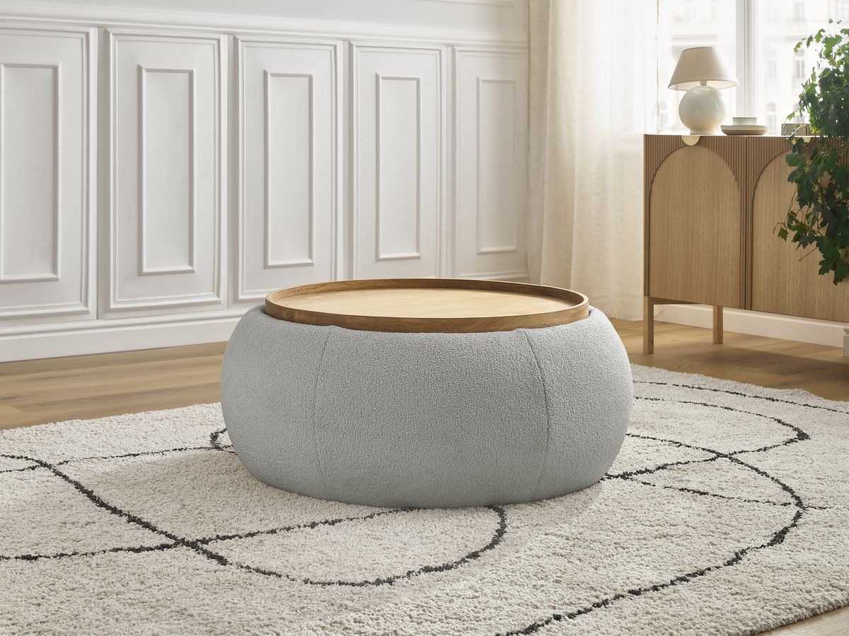 Pouf rond avec plateau HAYDEN tissu bouclette