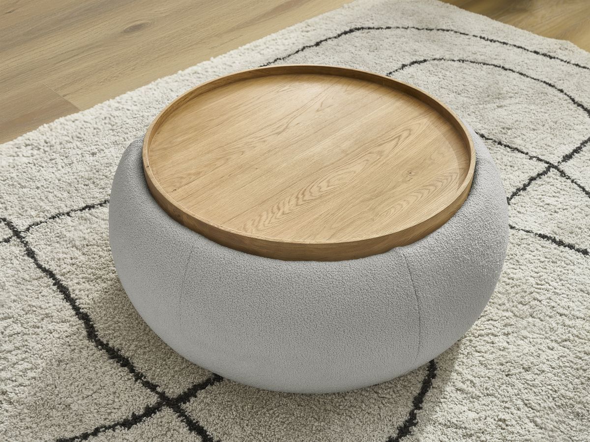 Pouf rond avec plateau HAYDEN tissu bouclette