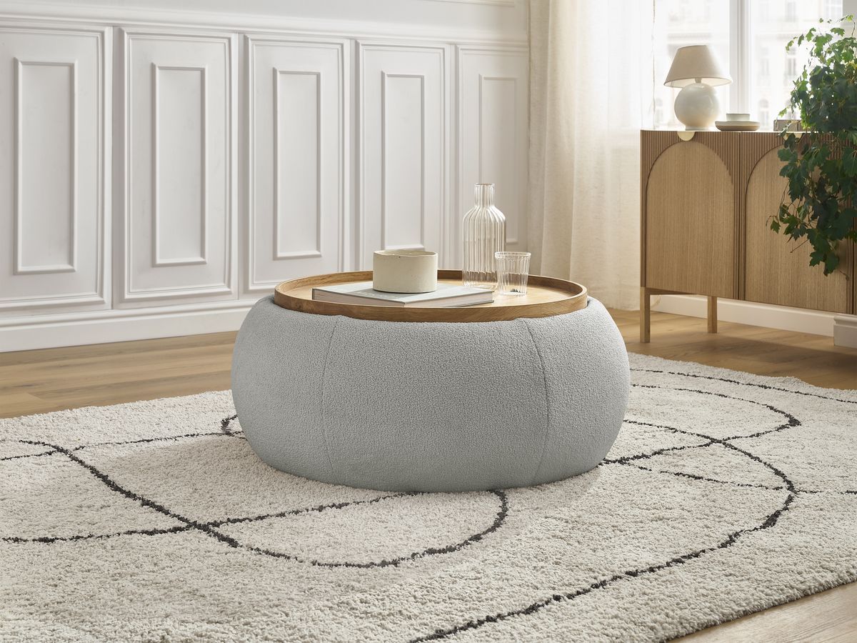 Pouf rond avec plateau HAYDEN tissu bouclette