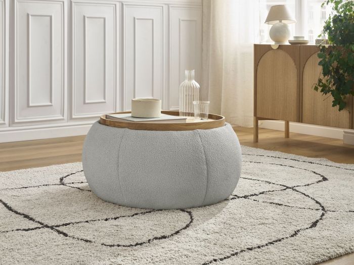Pouf rond avec plateau HAYDEN tissu bouclette
