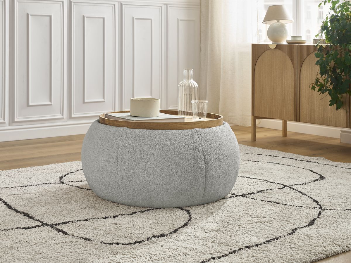 Pouf rond avec plateau HAYDEN tissu bouclette