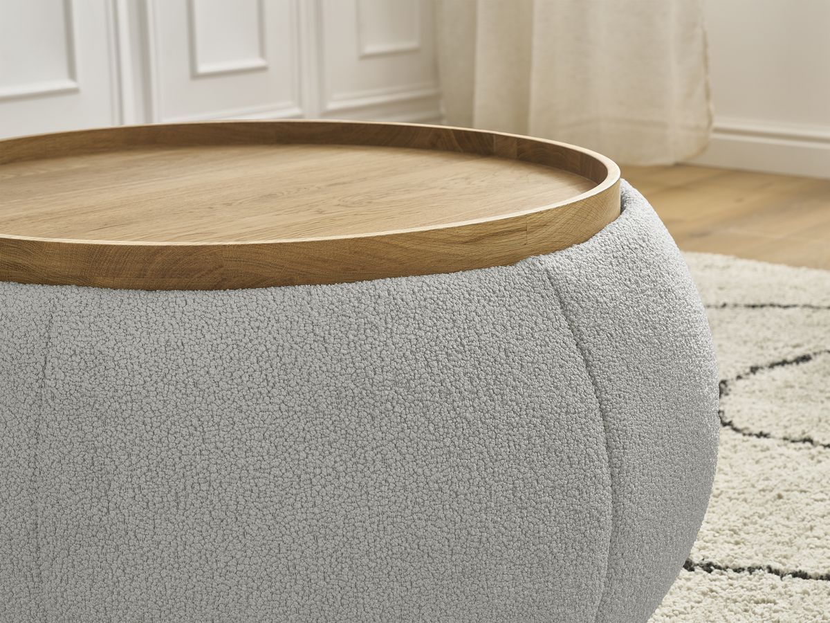 Pouf rond avec plateau HAYDEN tissu bouclette