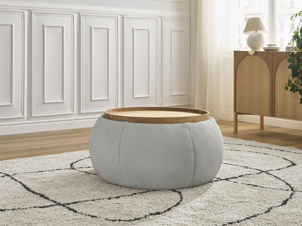 Pouf rond avec plateau HAYDEN tissu bouclette