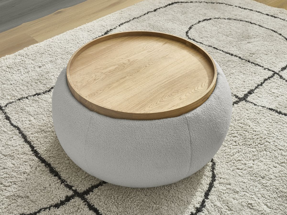 Pouf rond avec plateau HAYDEN tissu bouclette