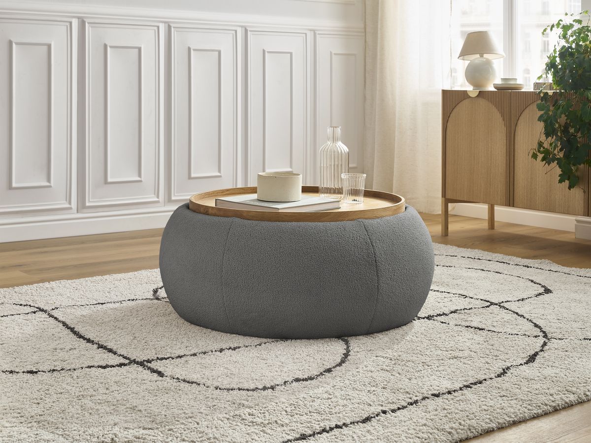 Pouf rond avec plateau HAYDEN tissu bouclette