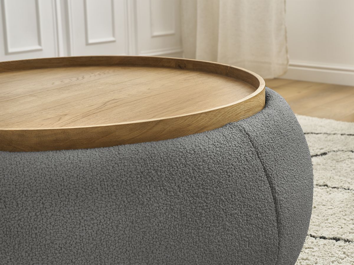 Pouf rond avec plateau HAYDEN tissu bouclette