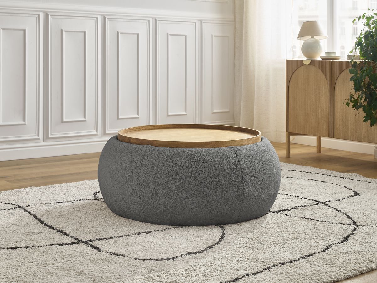 Pouf rond avec plateau HAYDEN tissu bouclette