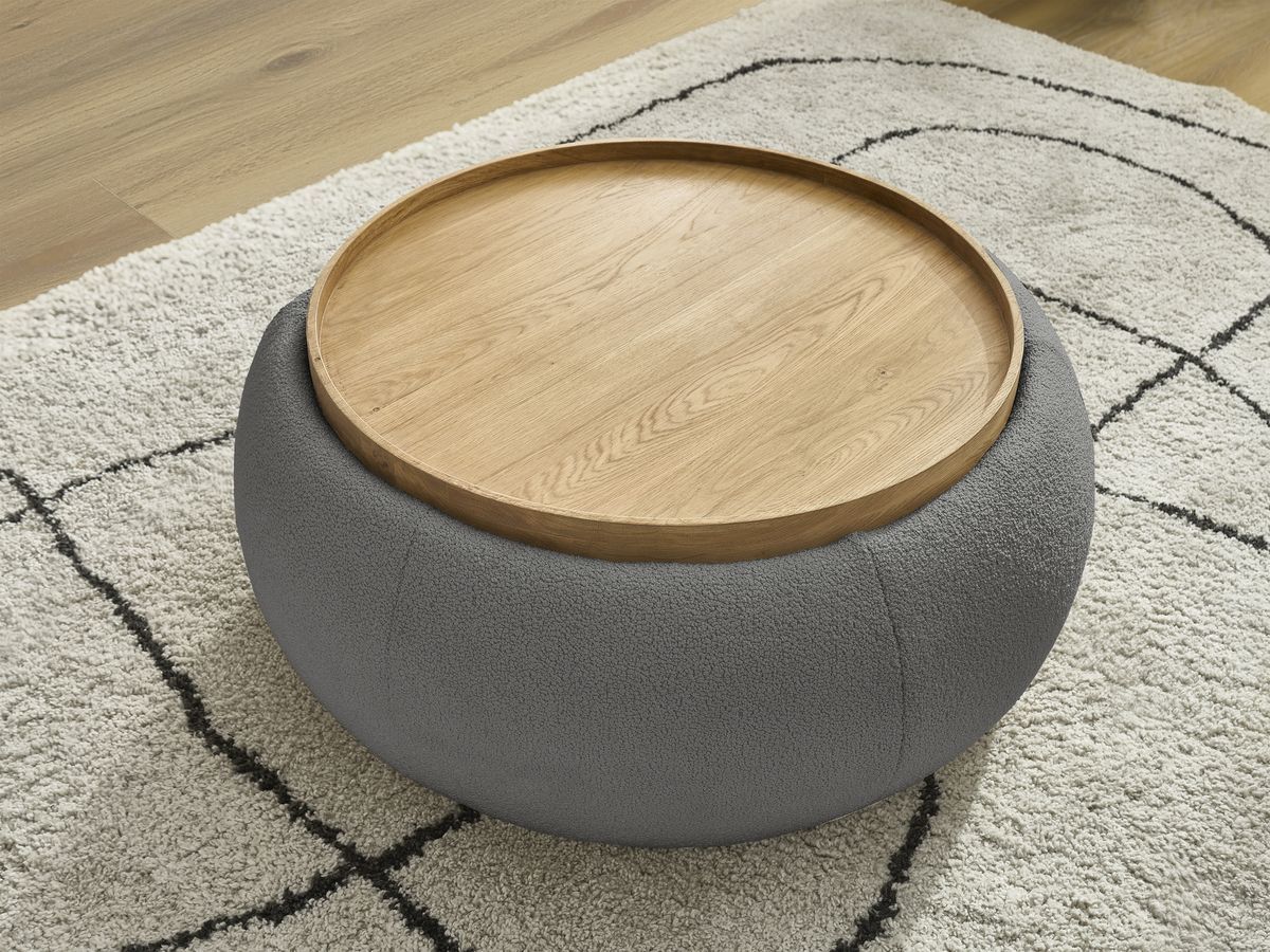 Pouf rond avec plateau HAYDEN tissu bouclette
