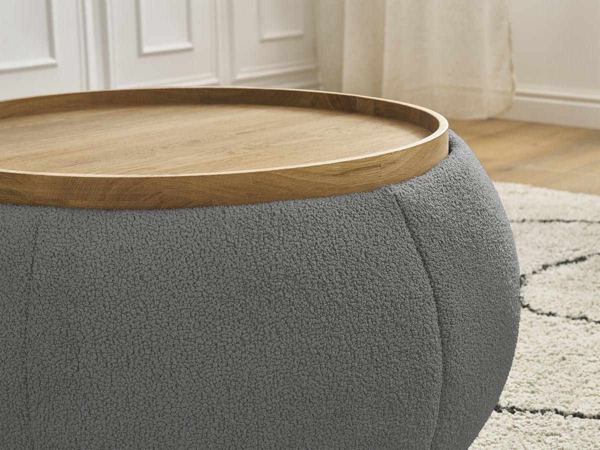 Pouf rond avec plateau HAYDEN tissu bouclette