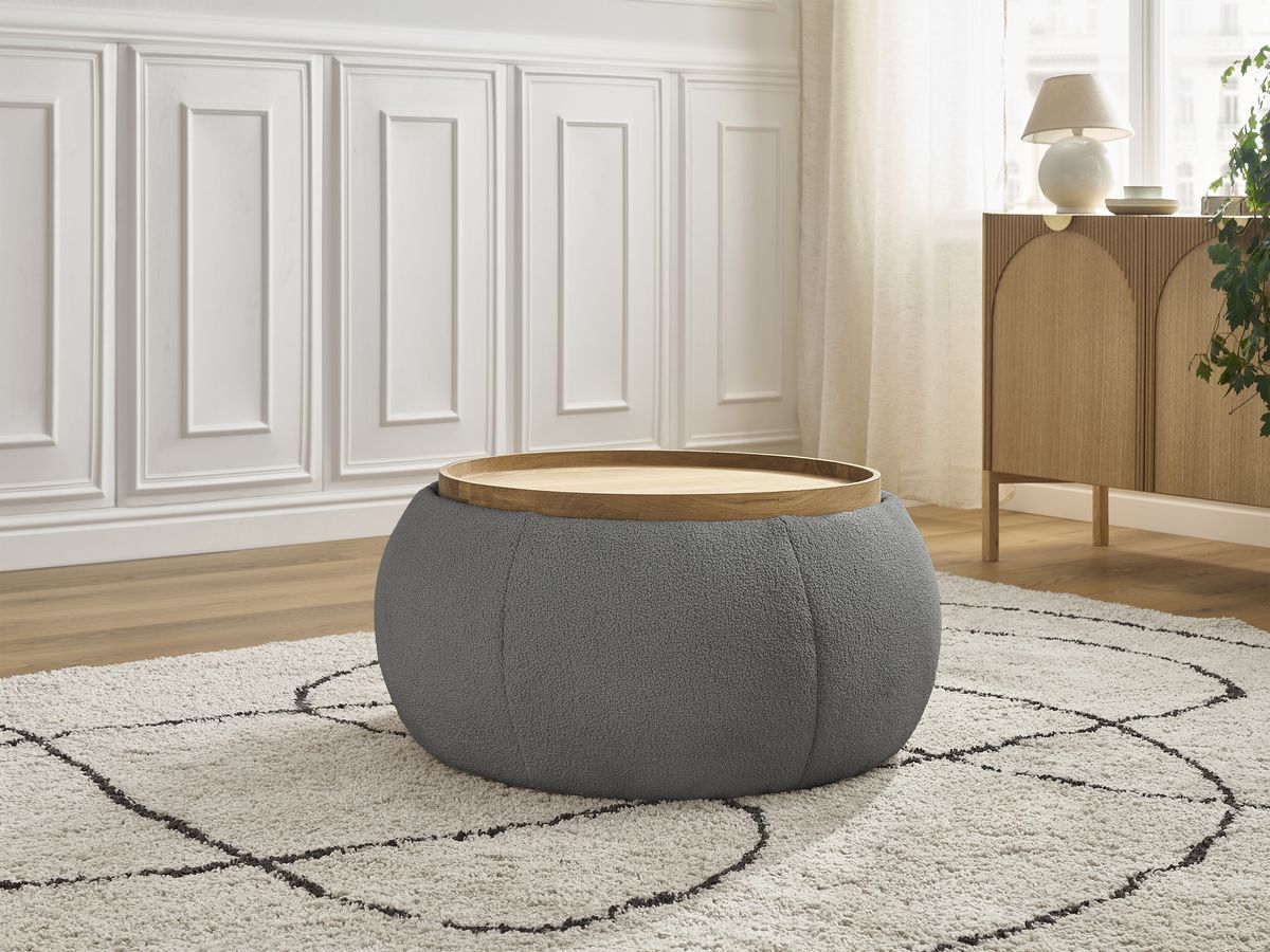 Pouf rond avec plateau HAYDEN tissu bouclette