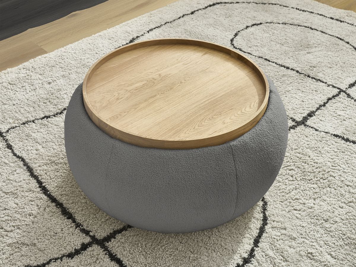 Pouf rond avec plateau HAYDEN tissu bouclette