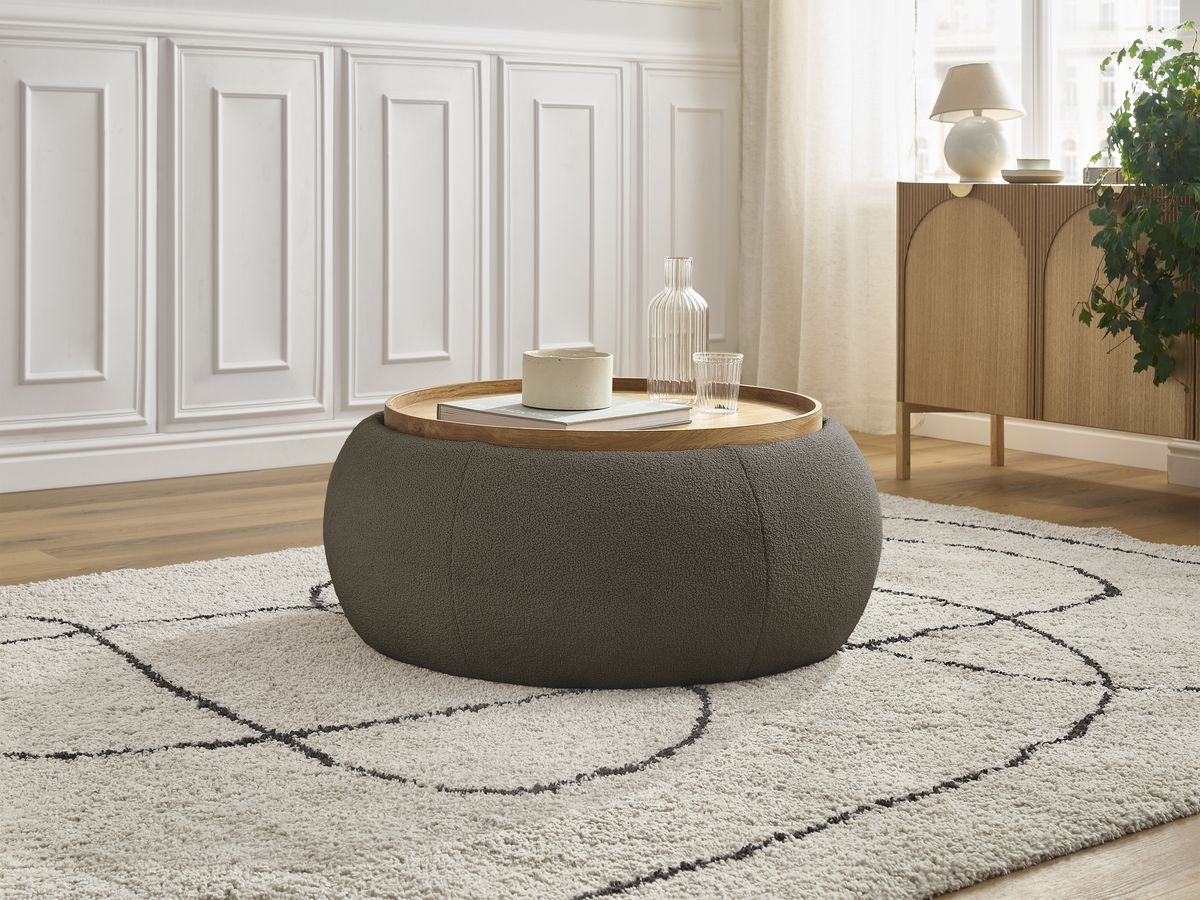 Pouf rond avec plateau HAYDEN tissu bouclette