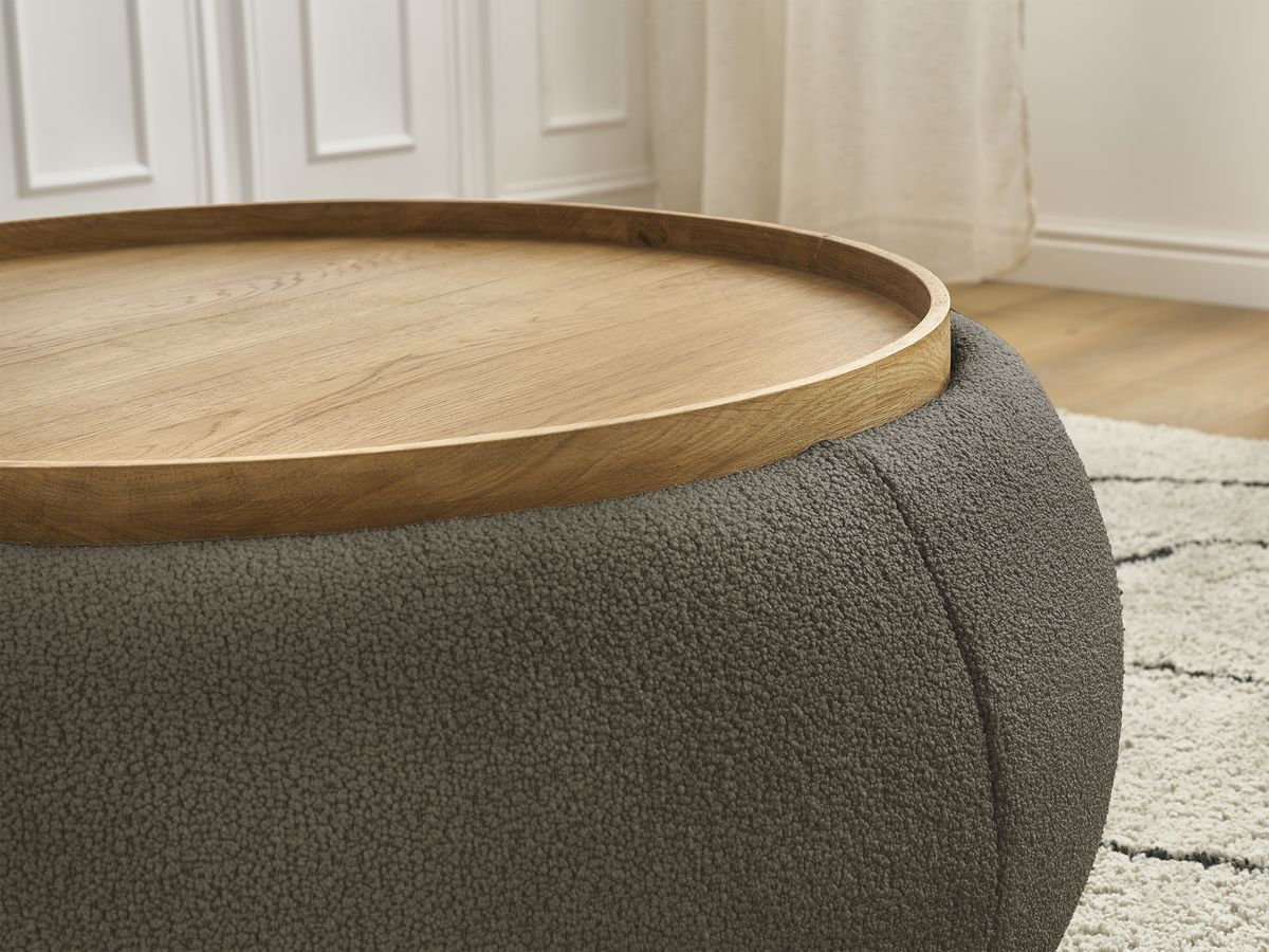 Pouf rond avec plateau HAYDEN tissu bouclette
