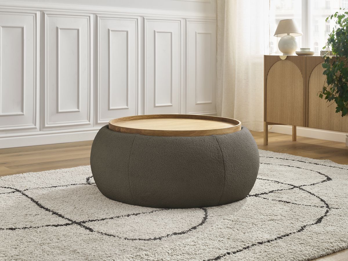 Pouf rond avec plateau HAYDEN tissu bouclette