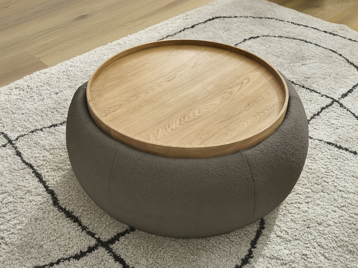 Pouf rond avec plateau HAYDEN tissu bouclette