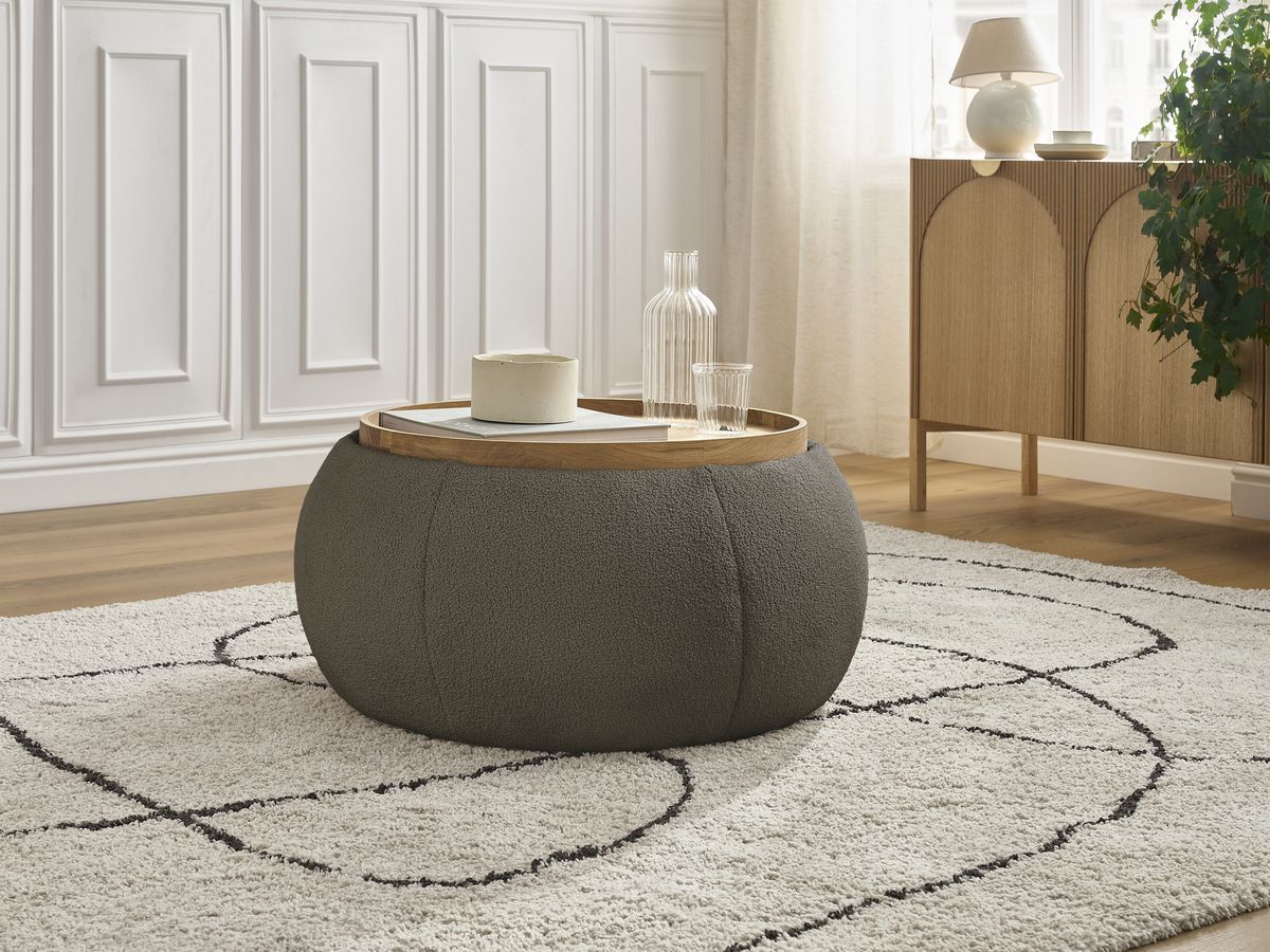 Pouf rond avec plateau HAYDEN tissu bouclette