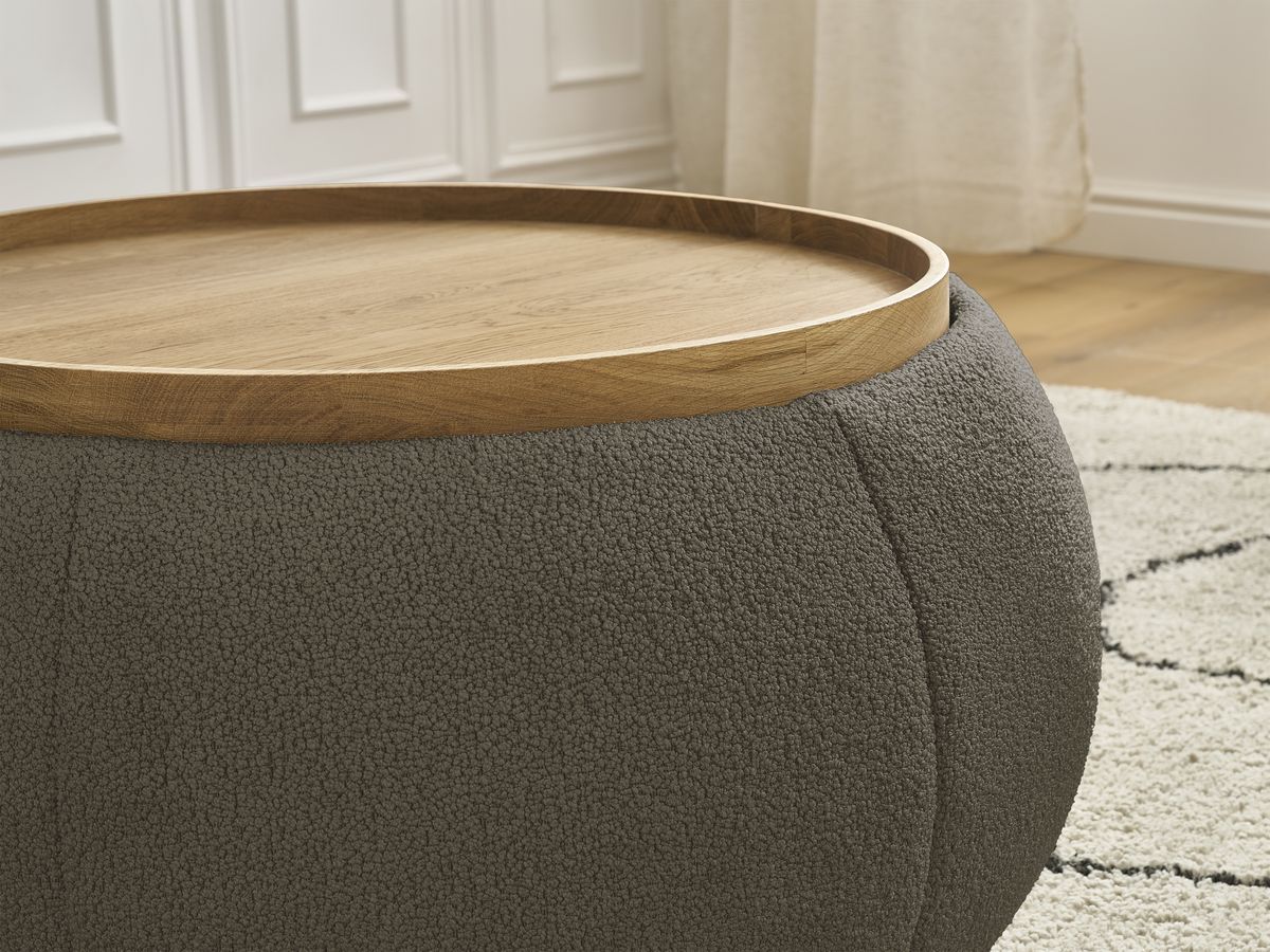 Pouf rond avec plateau HAYDEN tissu bouclette