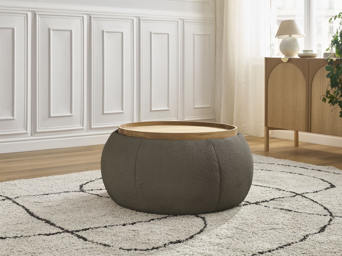 Pouf rond avec plateau HAYDEN tissu bouclette