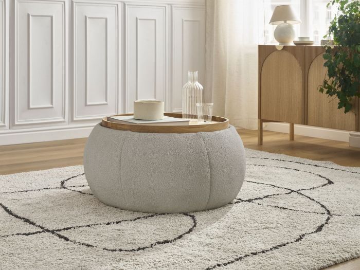 Pouf rond avec plateau HAYDEN tissu bouclette