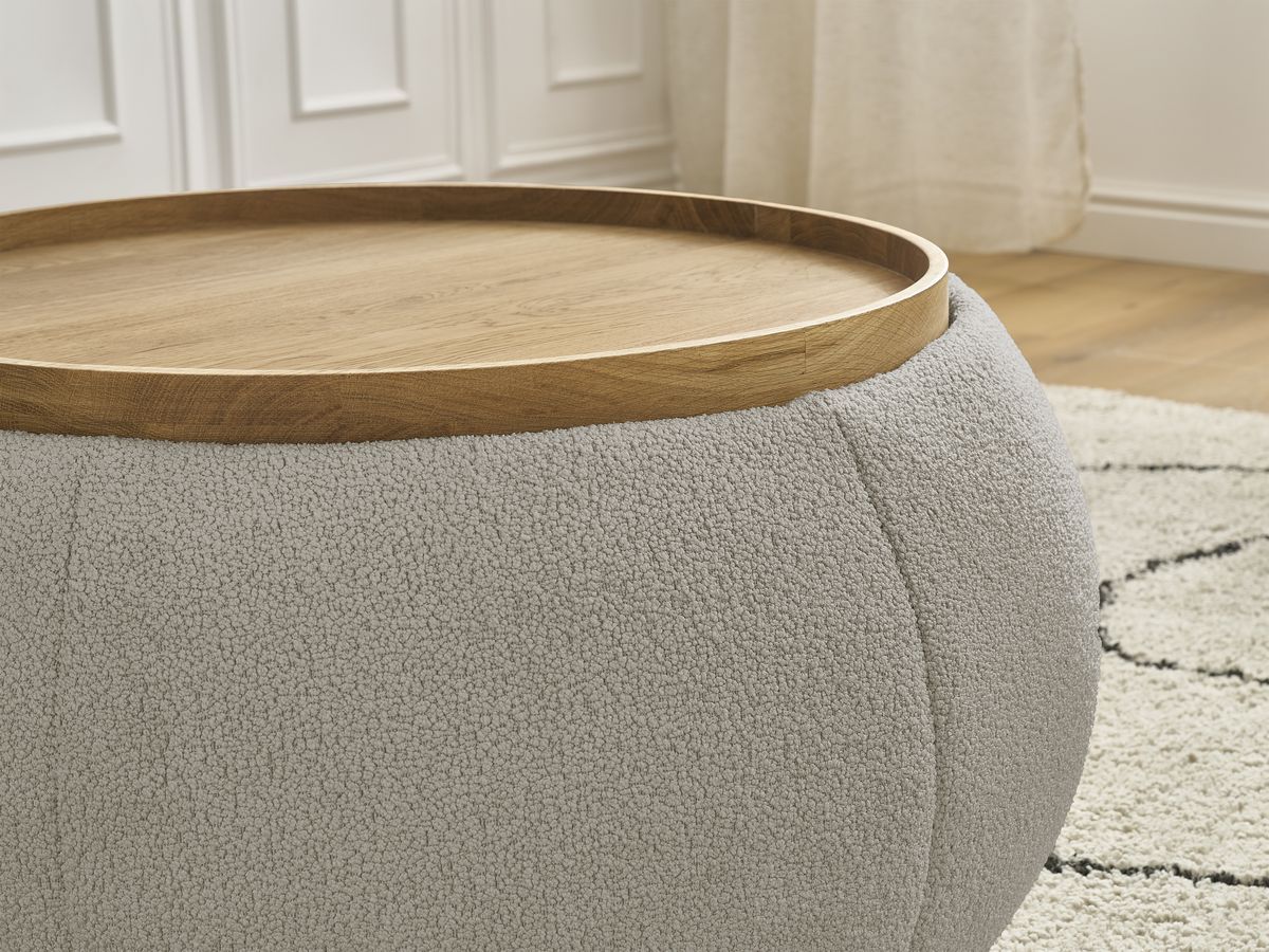 Pouf rond avec plateau HAYDEN tissu bouclette