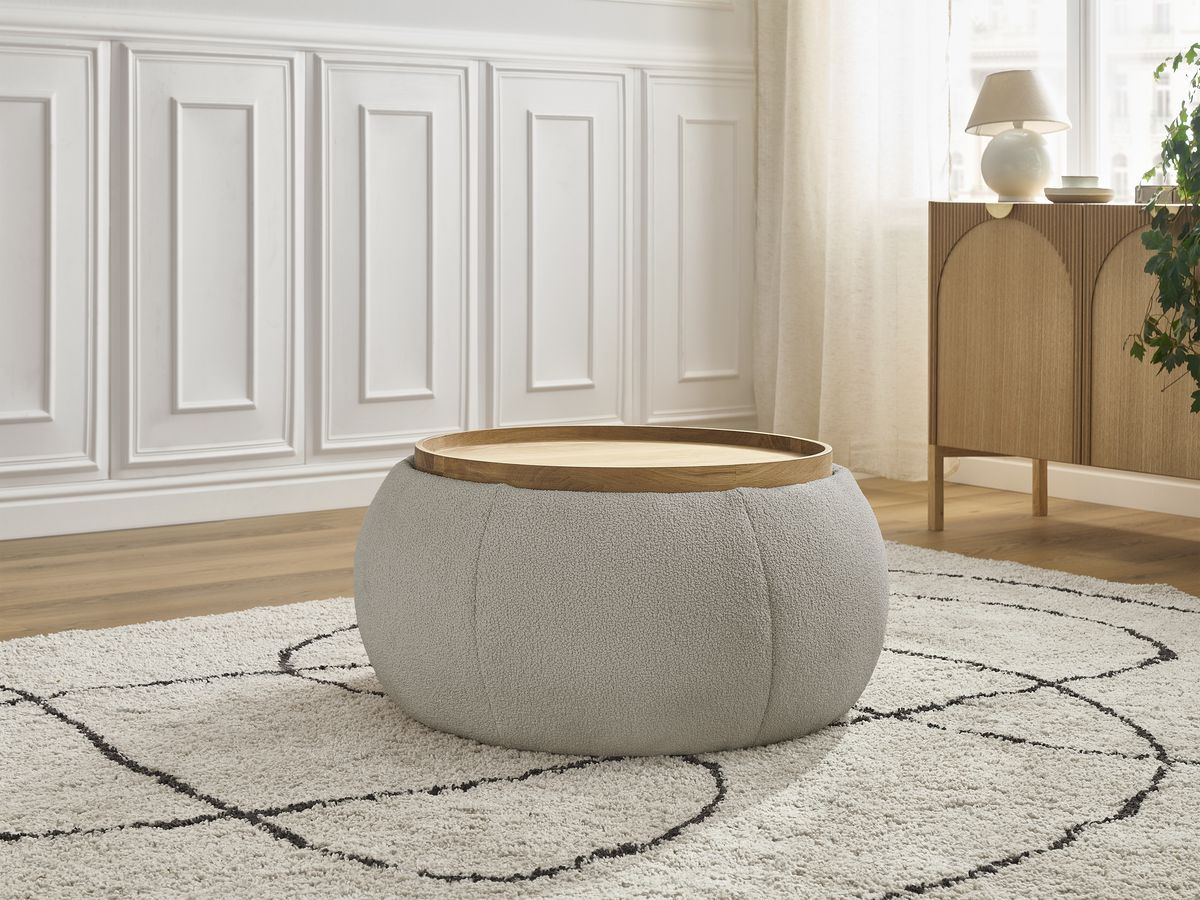Pouf rond avec plateau HAYDEN tissu bouclette