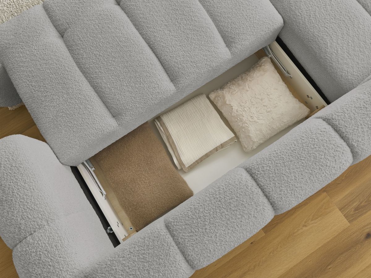 Canapé d'angle convertible FUJI tissu bouclette avec pouf