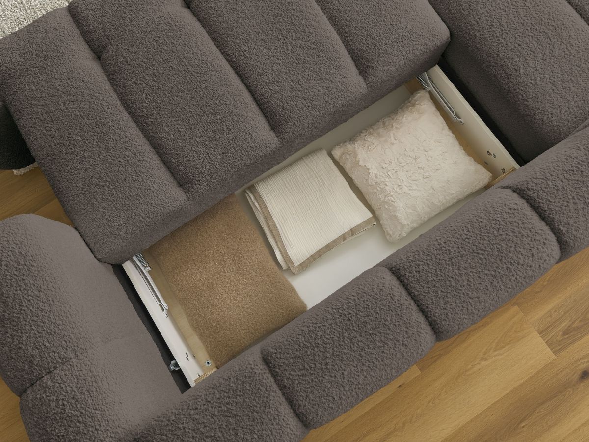 Canapé d'angle convertible FUJI tissu bouclette avec pouf