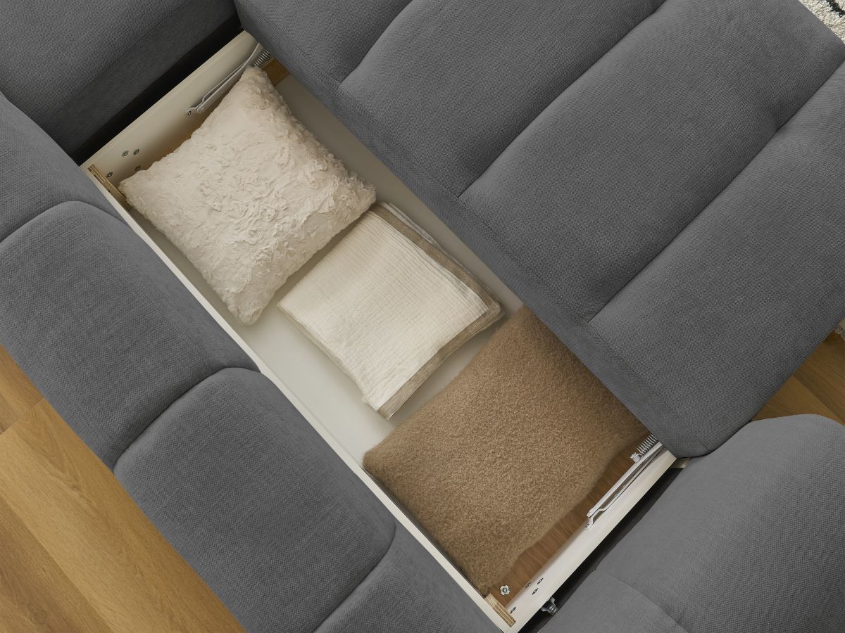 Canapé d'angle convertible FUJI tissu lisse avec pouf
