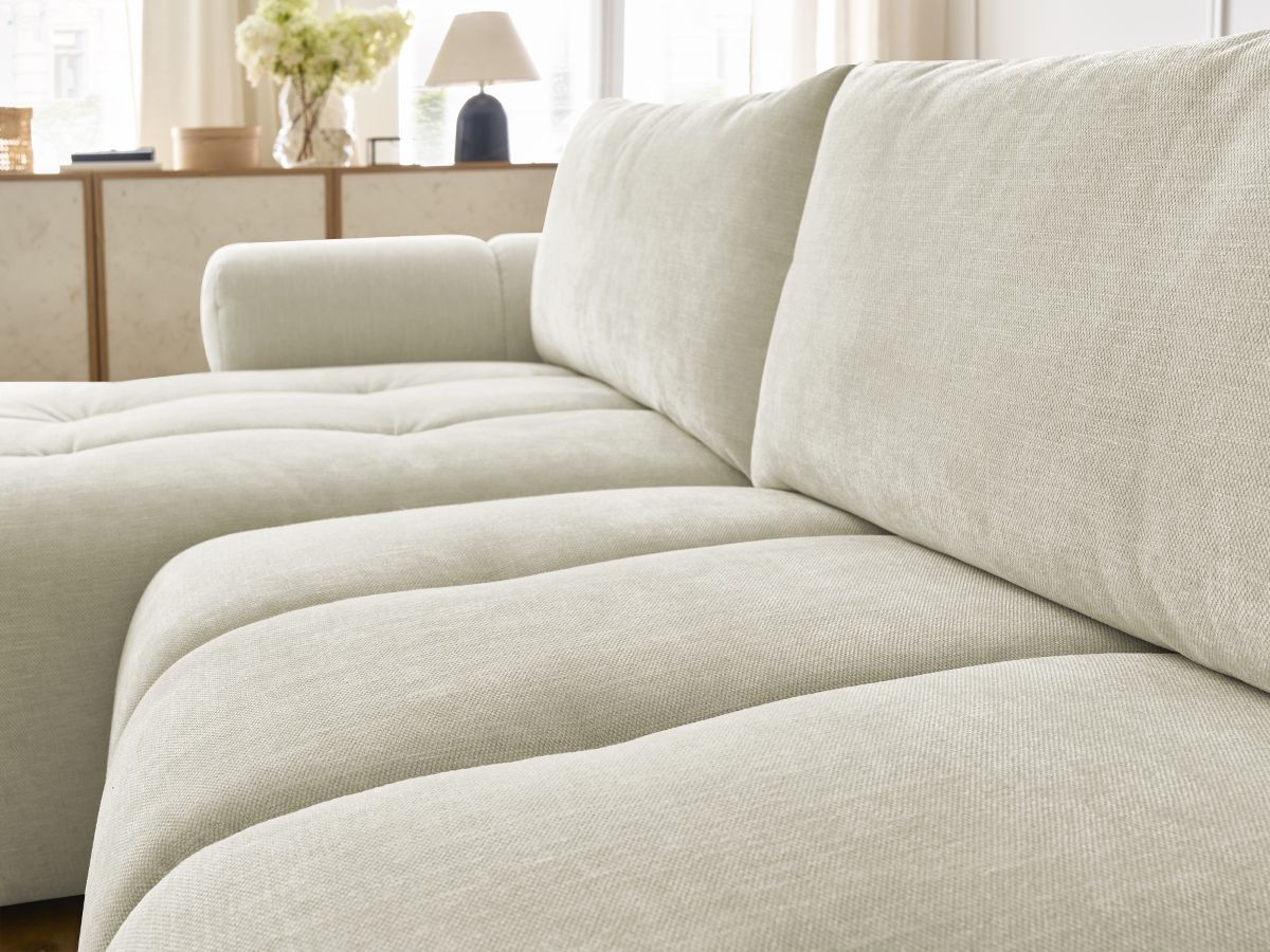 Canapé d'angle convertible FUJI tissu lisse avec pouf