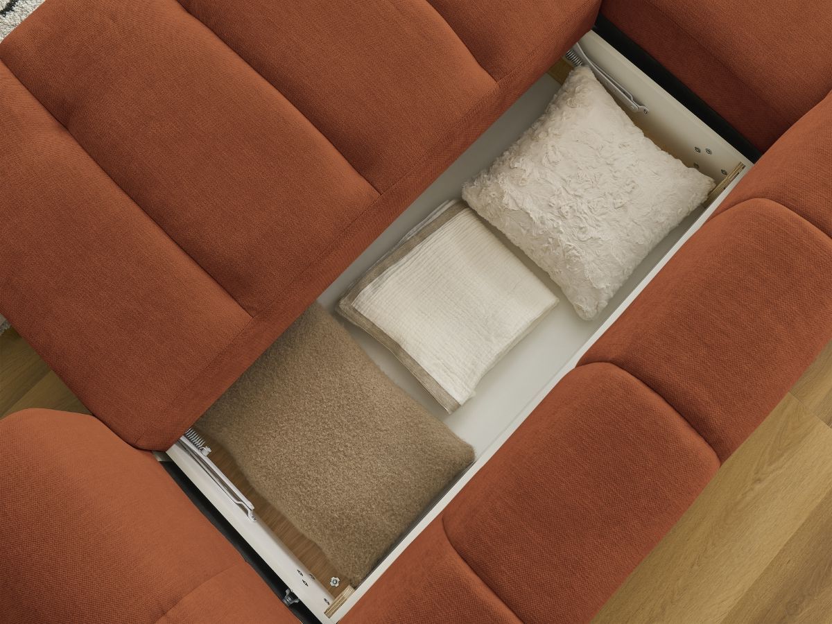 Canapé d'angle fixe EVEREST tissu chiné - Orange - Angle droit - 10 coussins