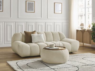 Canapé droit fixe 2 places HAYDEN tissu bouclette avec pouf petit avec plateau