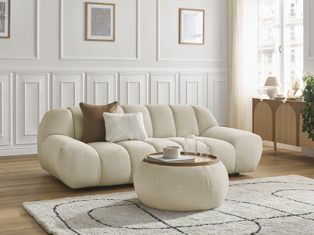 Canapé droit fixe 2 places HAYDEN tissu bouclette avec pouf petit avec plateau