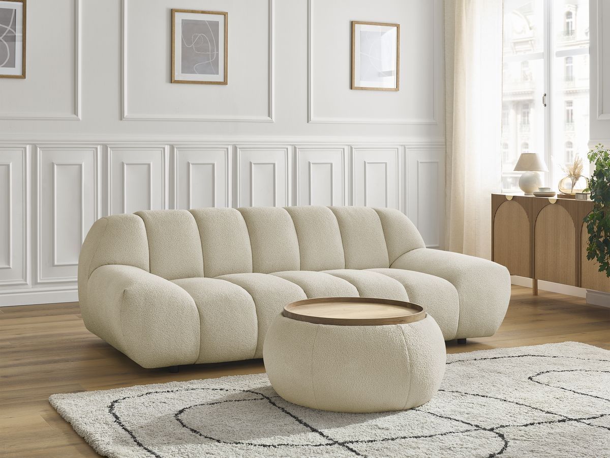 Canapé droit fixe 2 places HAYDEN tissu bouclette avec pouf petit avec plateau
