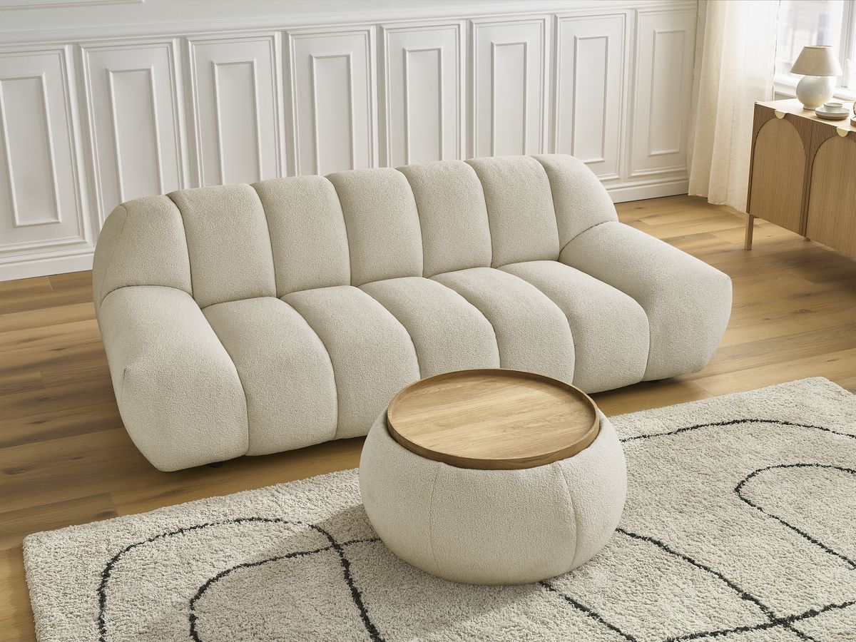Canapé droit fixe 2 places HAYDEN tissu bouclette avec pouf petit avec plateau