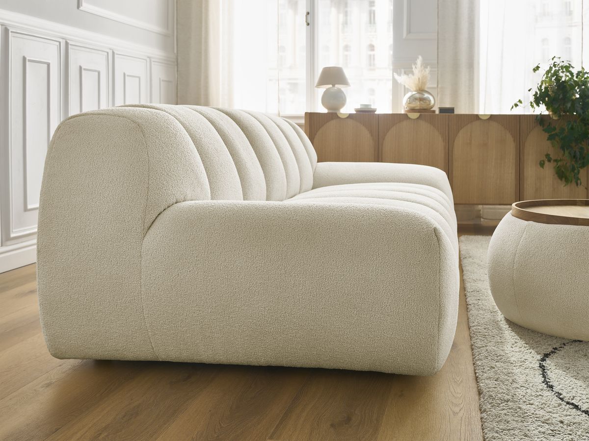 Canapé droit fixe 2 places HAYDEN tissu bouclette avec pouf petit avec plateau